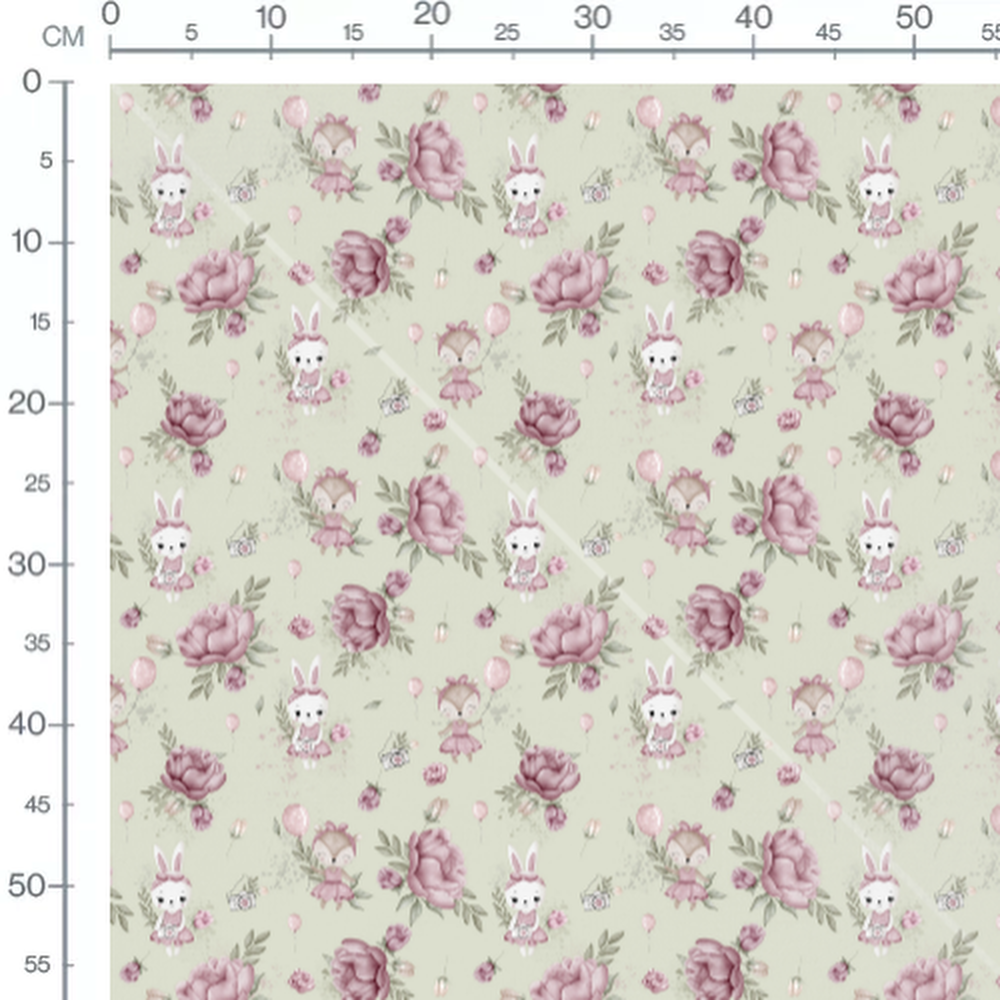 Tissu - Animaux roses et ballons verts