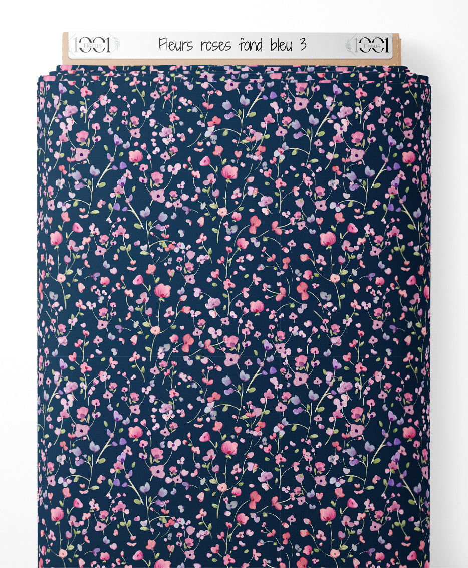 Tissu - Fleurs roses sur fond bleu 3