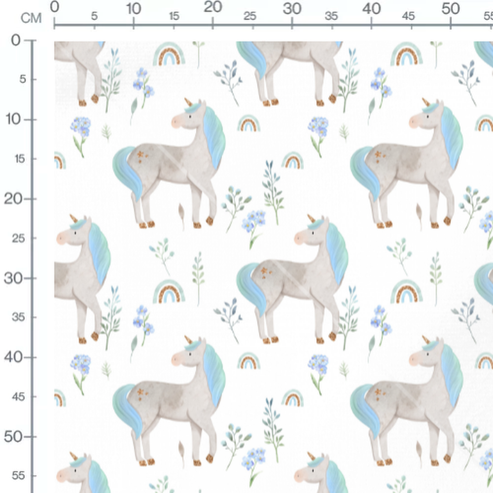 Tissu - Licornes grises et fleurs bleues