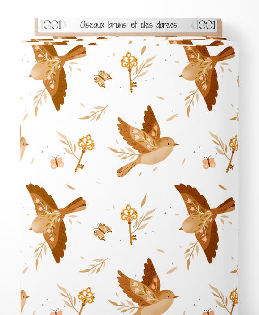 Tissu - Oiseaux bruns et clés dorées