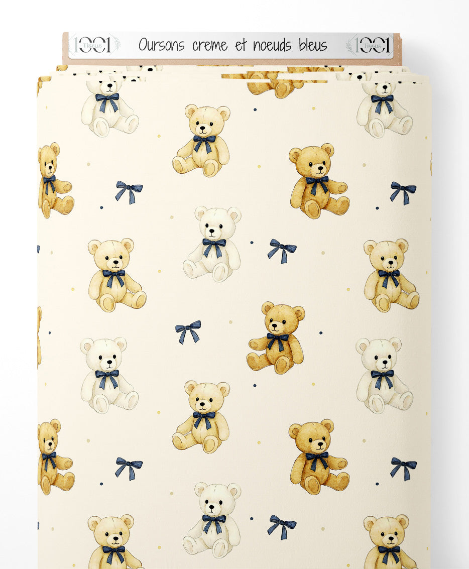 Tissu - Oursons crème et nœuds bleus