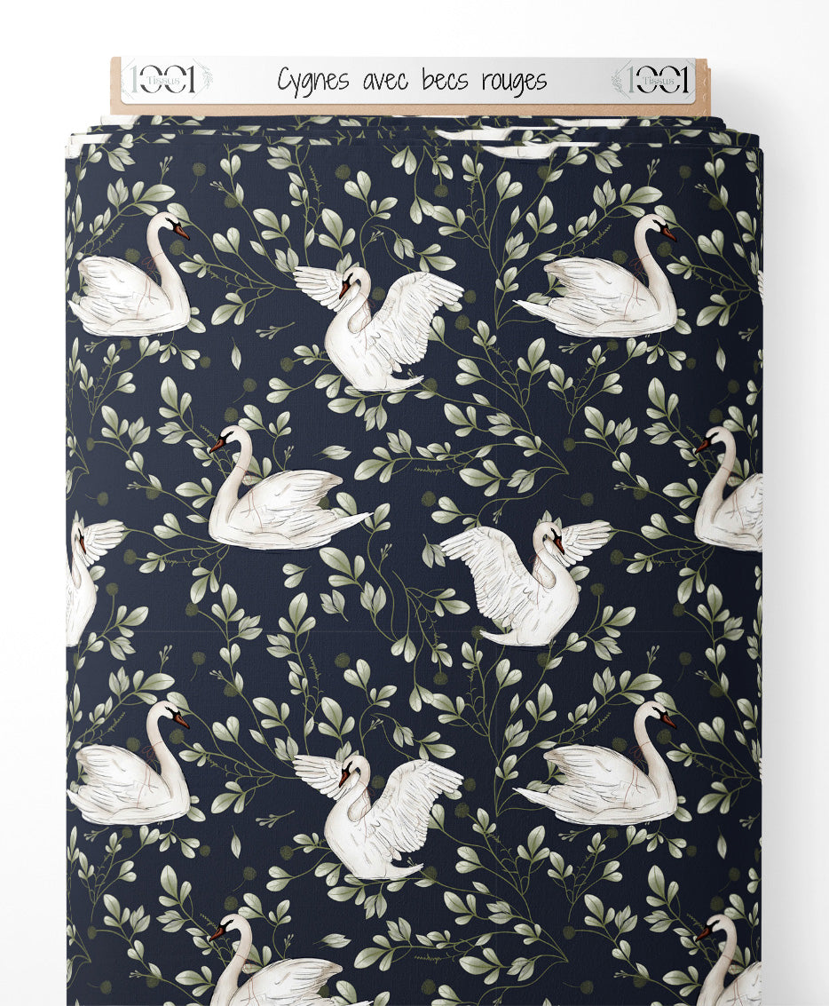 Tissu - Cygnes avec becs rouges