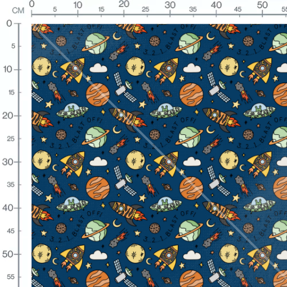Tissu - Univers coloré sur fond bleu