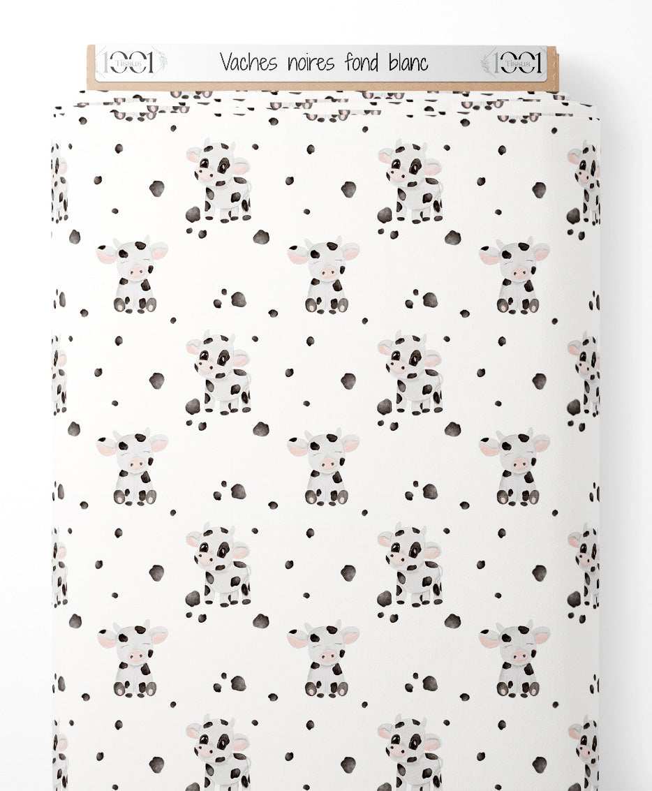 Tissu - Vaches noires sur fond blanc