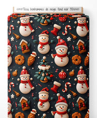 Tissu - bonhommes de neige fond noir 3D