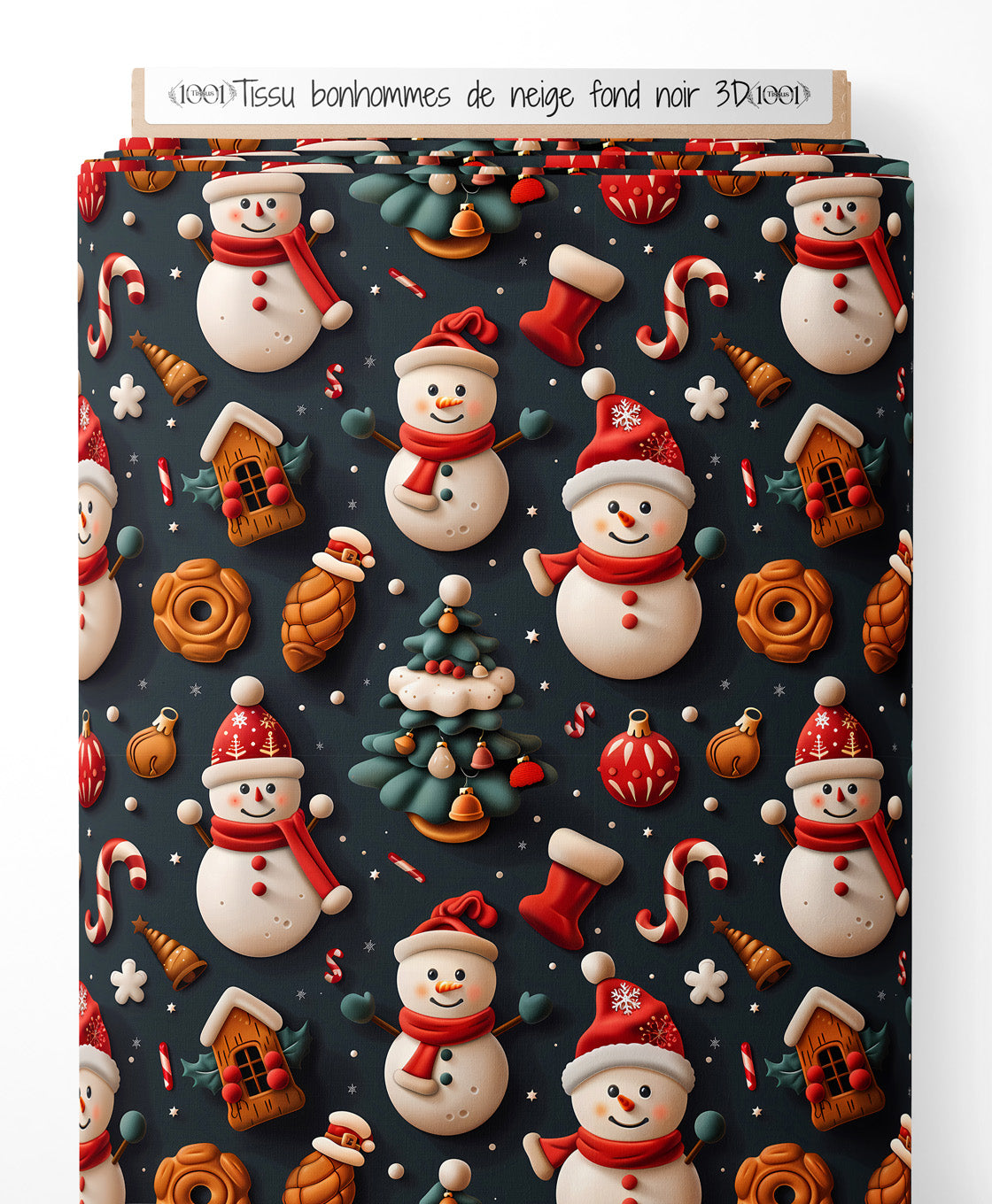 Tissu - bonhommes de neige fond noir 3D