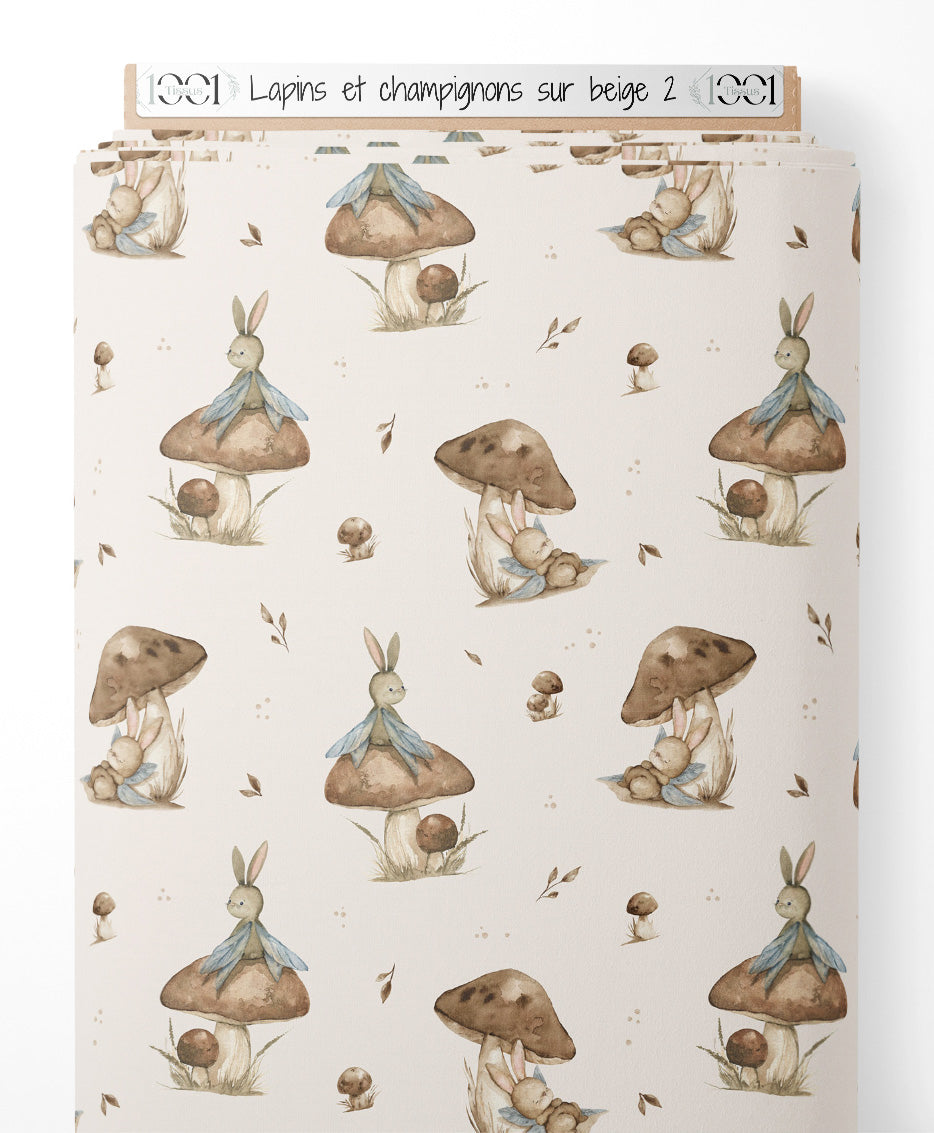 Tissu - Lapins et champignons sur beige 2
