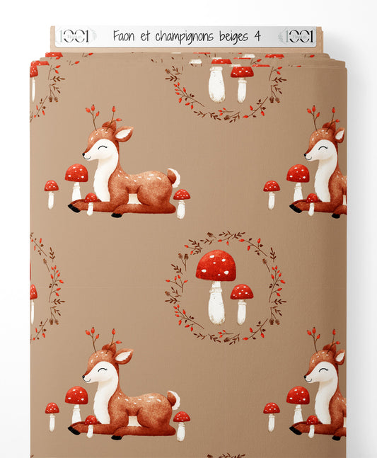 Tissu - Faon et champignons beiges 4