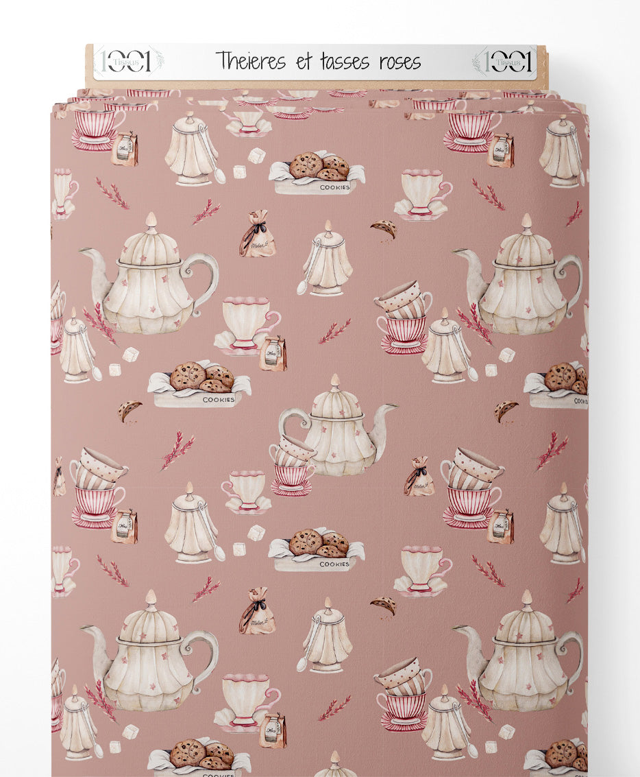 Tissu - Théières et tasses roses