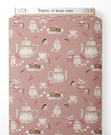 Tissu - Théières et tasses roses