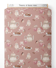 Tissu - Théières et tasses roses