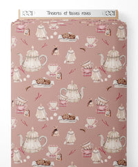Tissu - Théières et tasses roses