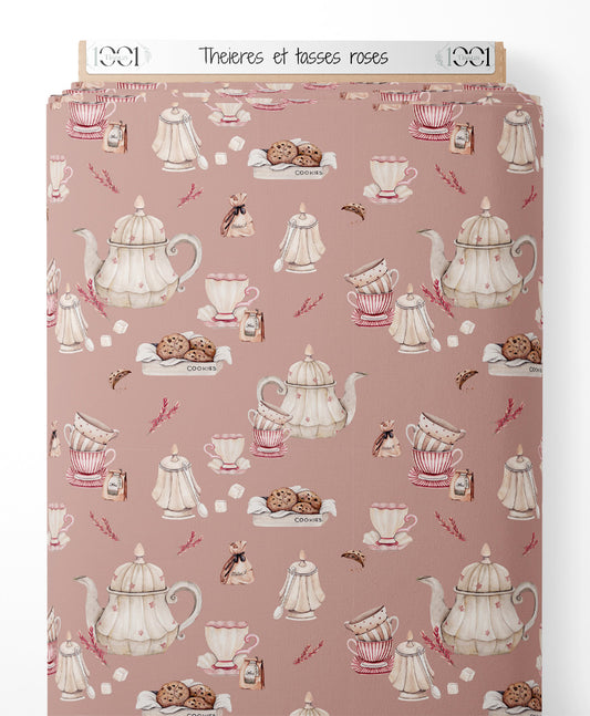 Tissu - Théières et tasses roses