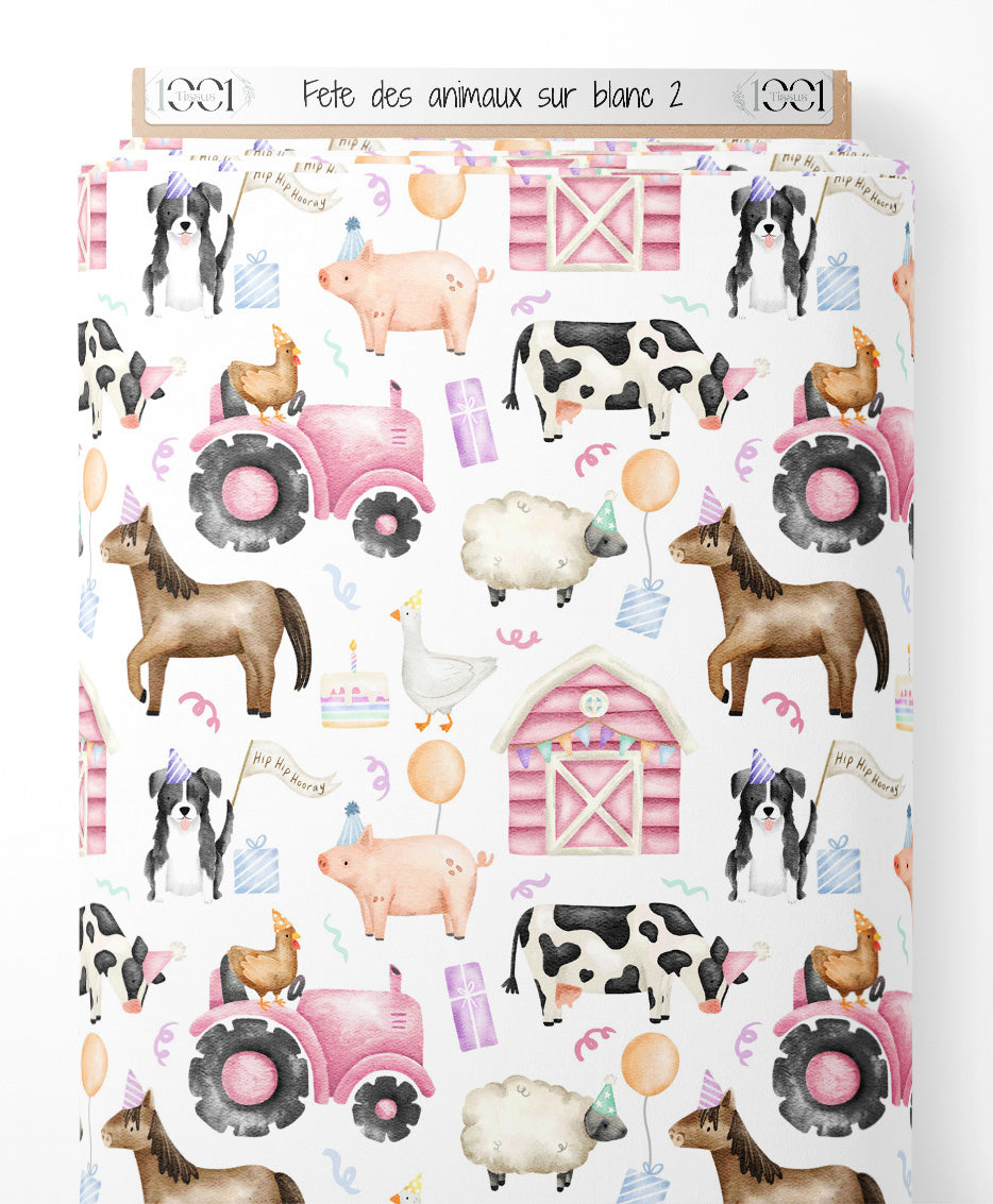 Tissu - Fête des animaux sur blanc 2