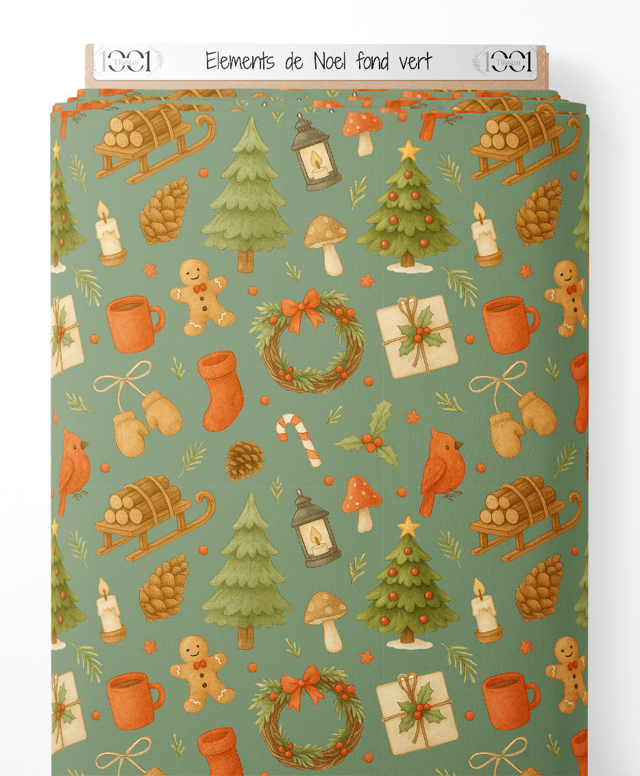 Tissu - Éléments de Noël sur fond vert