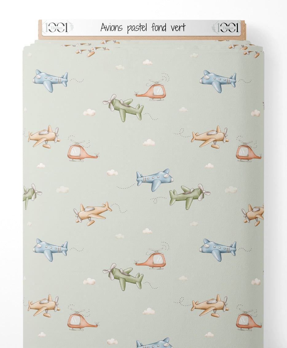 Tissu - Avions pastel sur fond vert