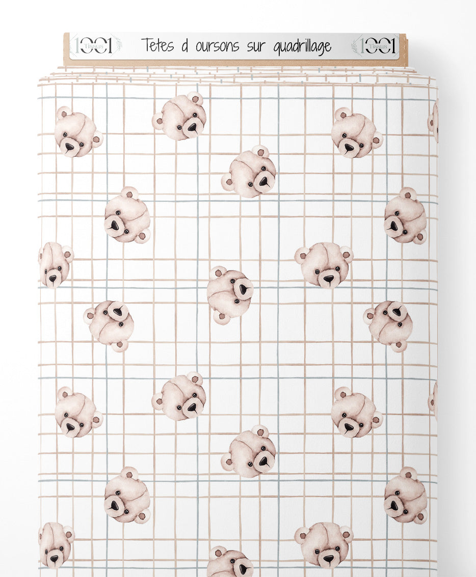 Tissu - Têtes d'oursons sur quadrillage