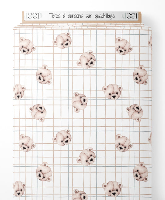 Tissu - Têtes d'oursons sur quadrillage