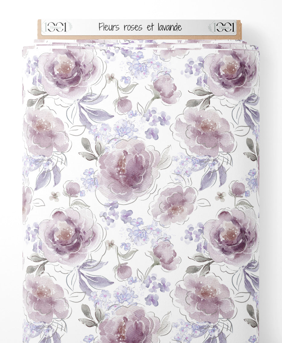 Tissu - Fleurs roses et lavande