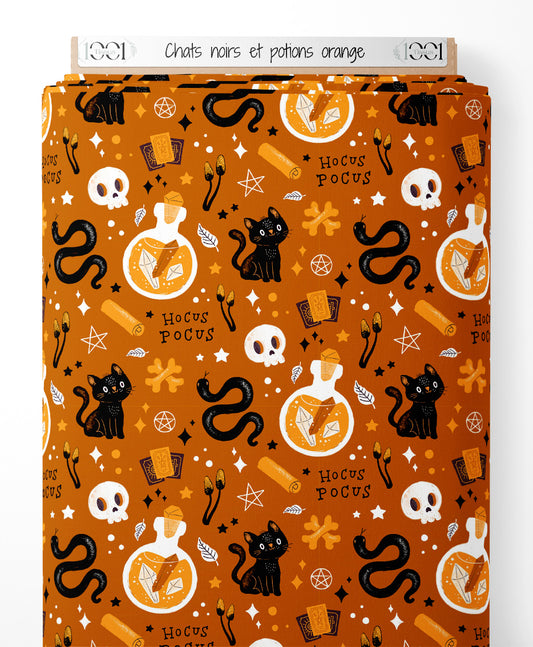 Tissu - Chats noirs et potions orange