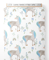 Tissu - Licornes blanches et fleurs vertes