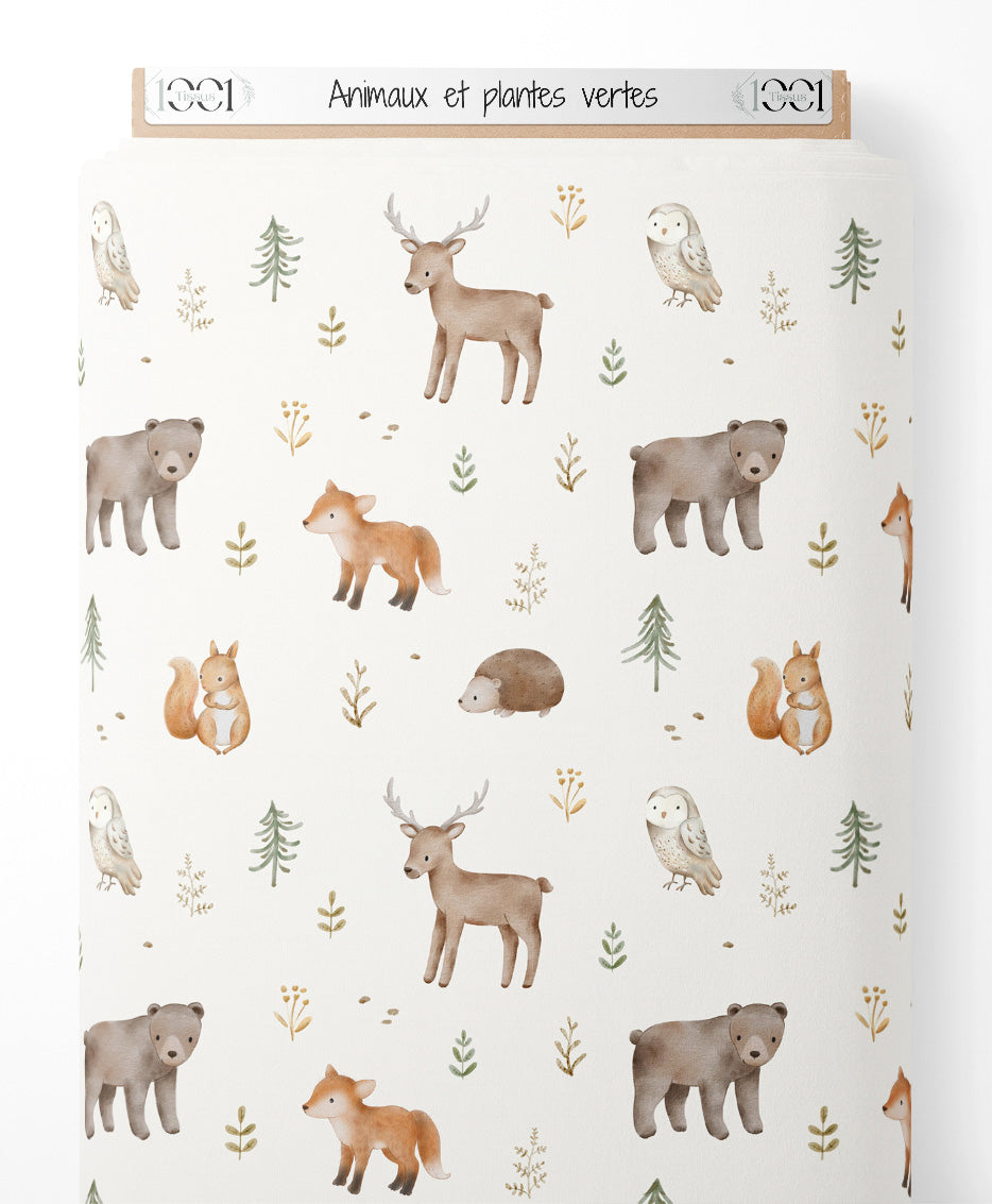 Tissu - Animaux et plantes vertes