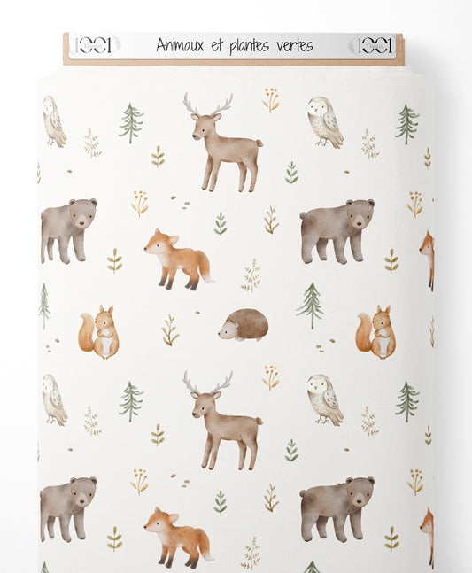 Tissu - Animaux et plantes vertes