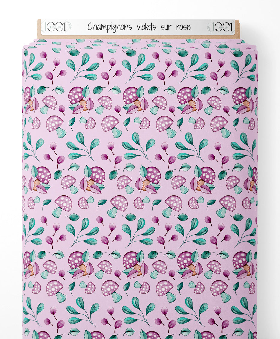 Tissu - Champignons violets sur rose