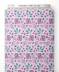 Tissu - Champignons violets sur rose