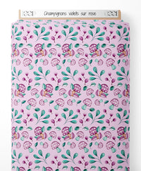 Tissu - Champignons violets sur rose