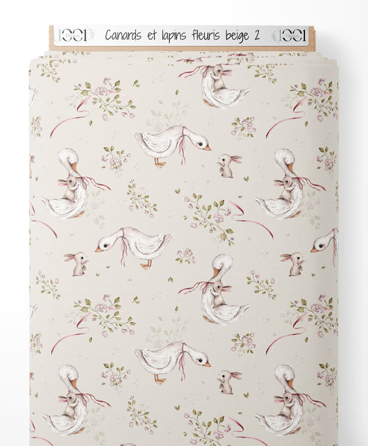 Tissu - Canards et lapins fleuris beige 2