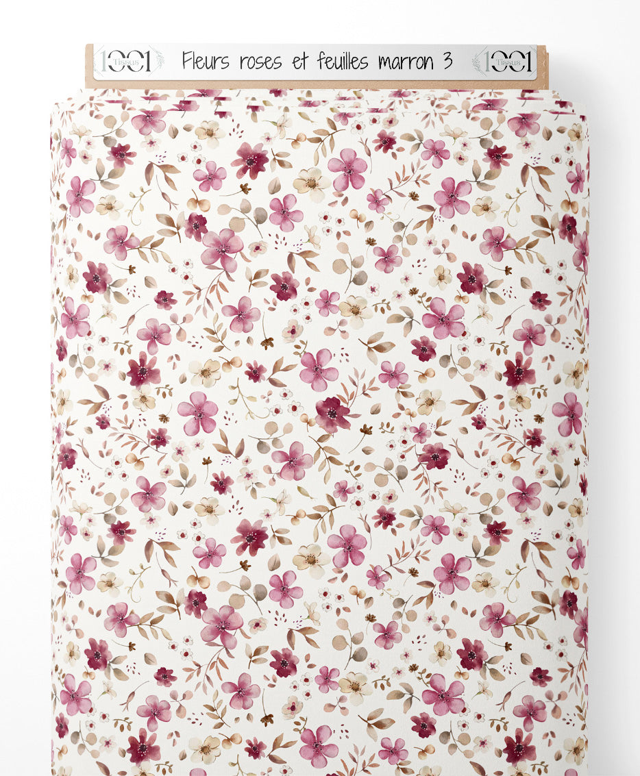 Tissu - Fleurs roses et feuilles marron 3