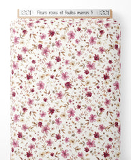 Tissu - Fleurs roses et feuilles marron 3