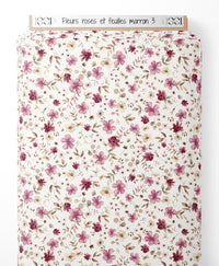 Tissu - Fleurs roses et feuilles marron 3