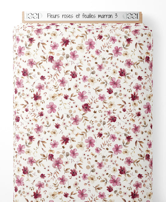Tissu - Fleurs roses et feuilles marron 3