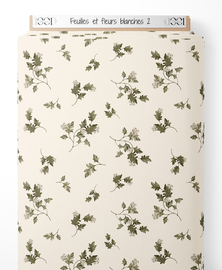 Tissu - Feuilles et fleurs blanches 2