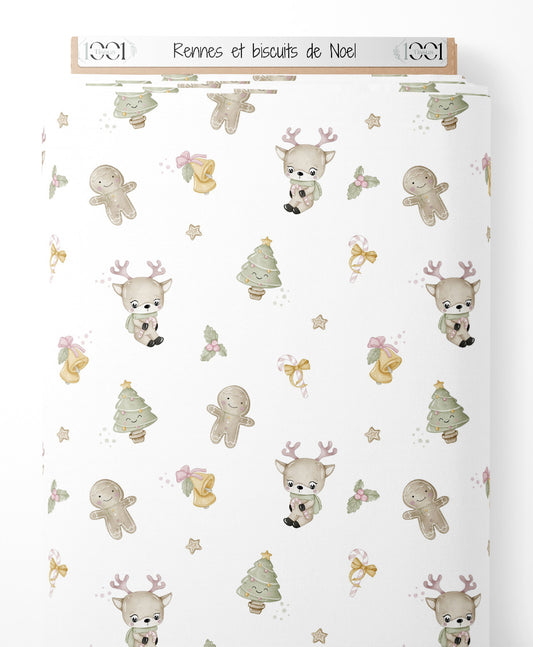 Tissu - Rennes et biscuits de Noël