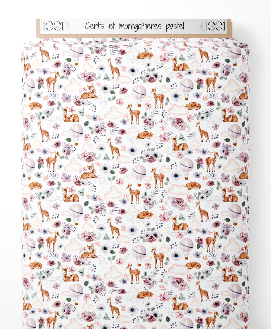 Tissu - Cerfs et montgolfières pastel