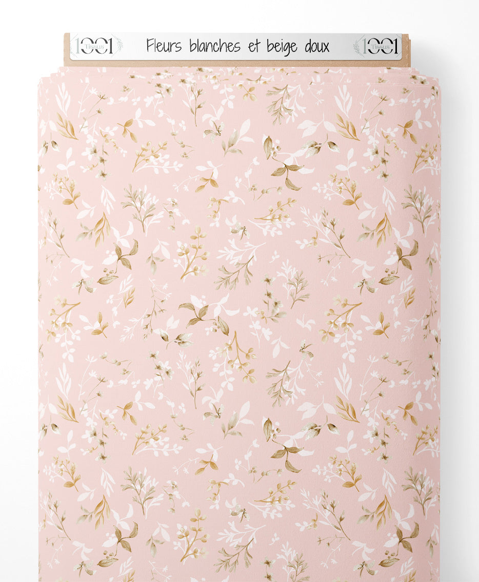 Tissu - Fleurs blanches et beige doux