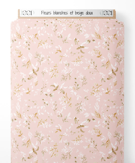 Tissu - Fleurs blanches et beige doux