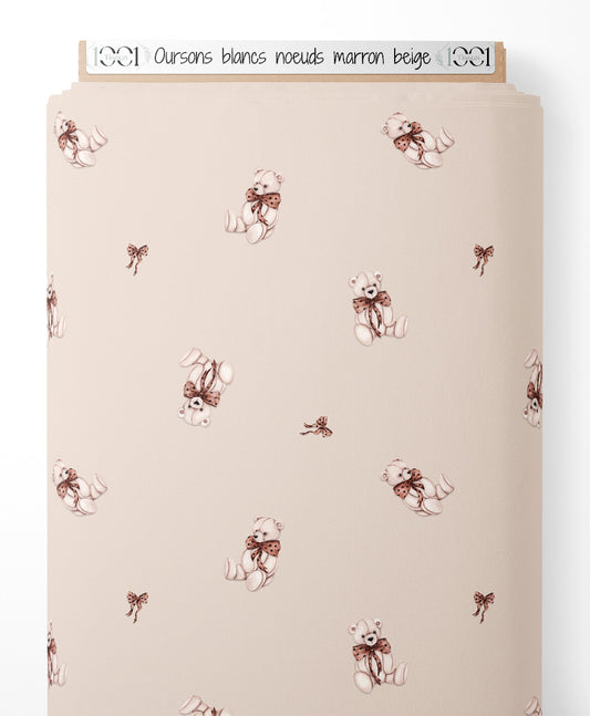 Tissu - Oursons blancs nœuds marron beige