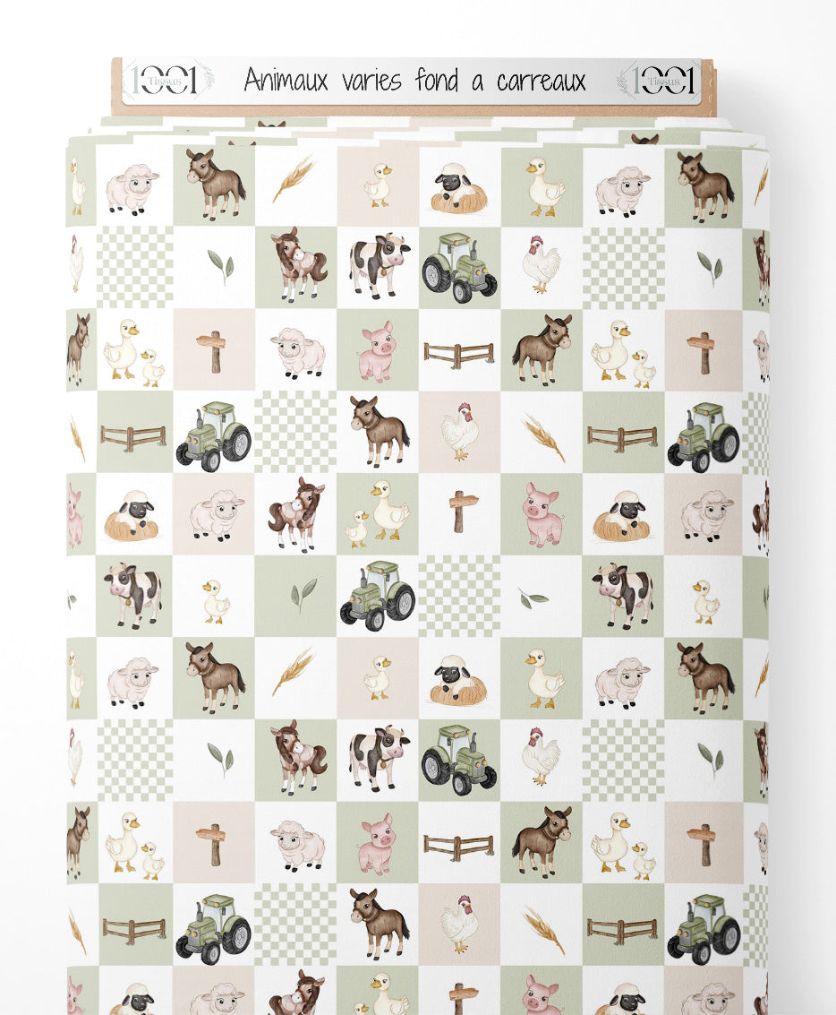 Tissu - Animaux variés sur fond à carreaux