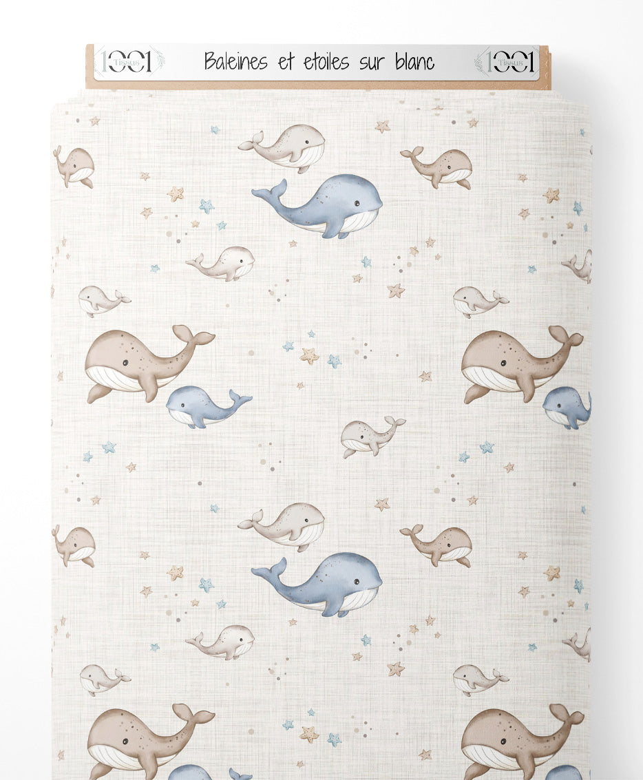 Tissu - Baleines et étoiles sur blanc
