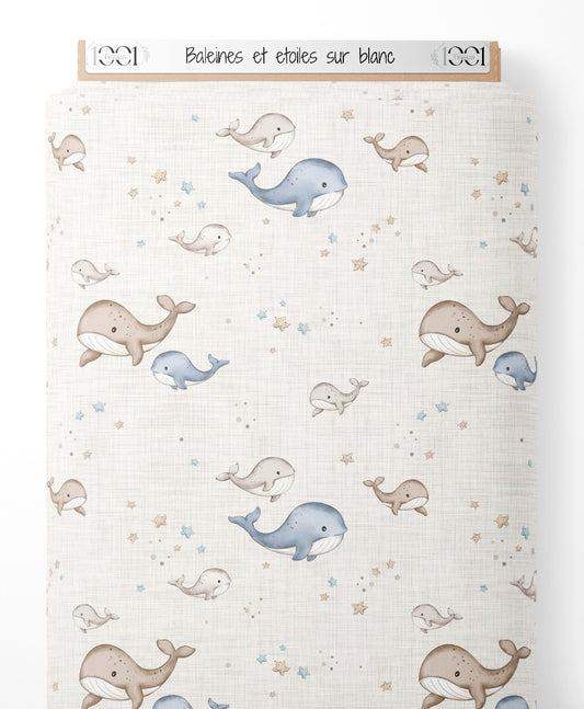 Tissu - Baleines et étoiles sur blanc