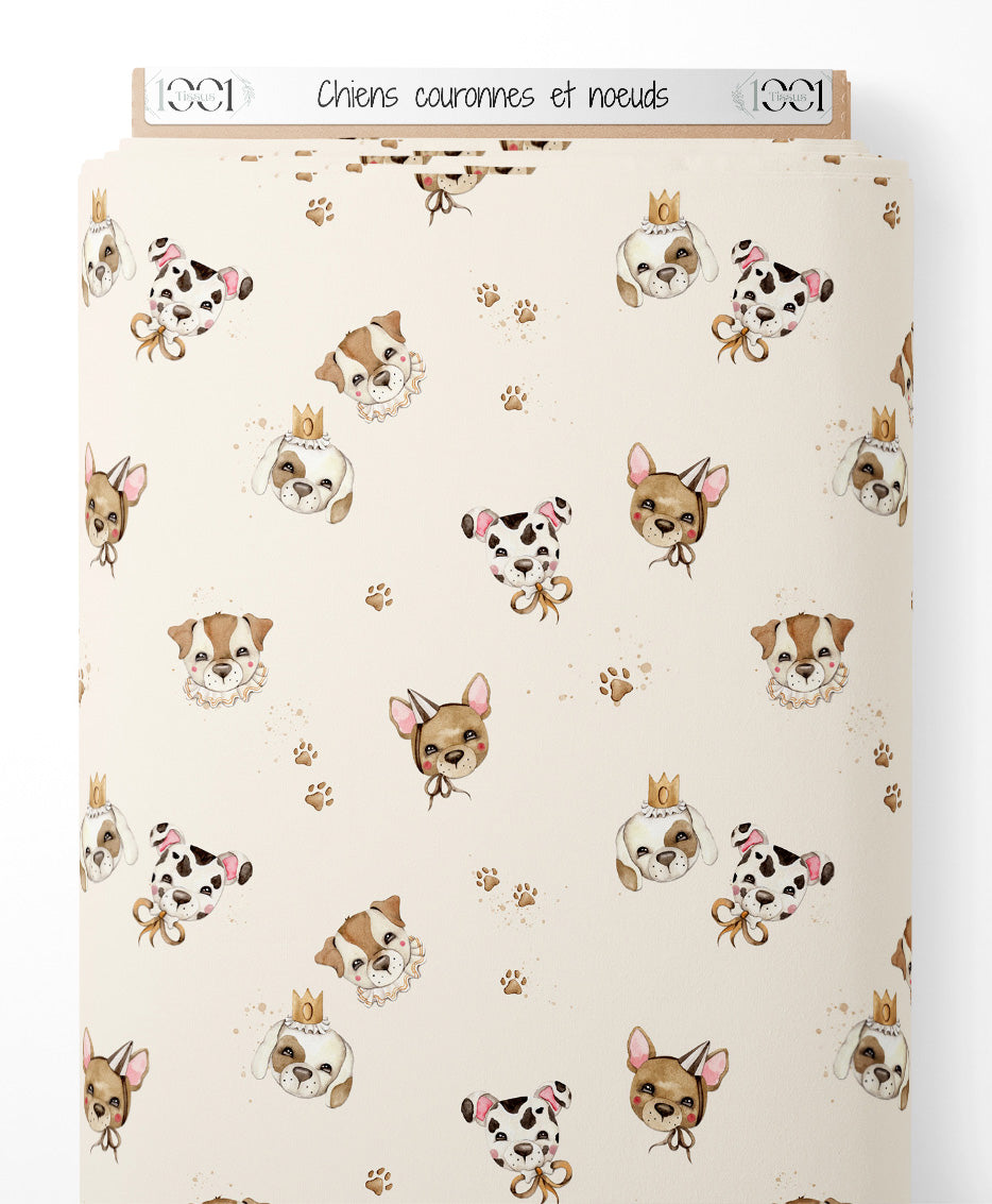 Tissu - Chiens couronnés et noeuds