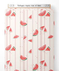 Tissu - Pastèques rayées rose et blanc