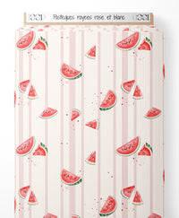Tissu - Pastèques rayées rose et blanc