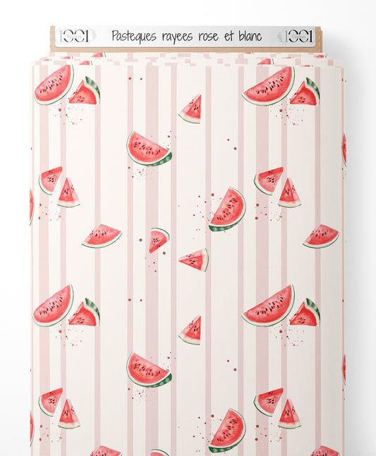 Tissu - Pastèques rayées rose et blanc