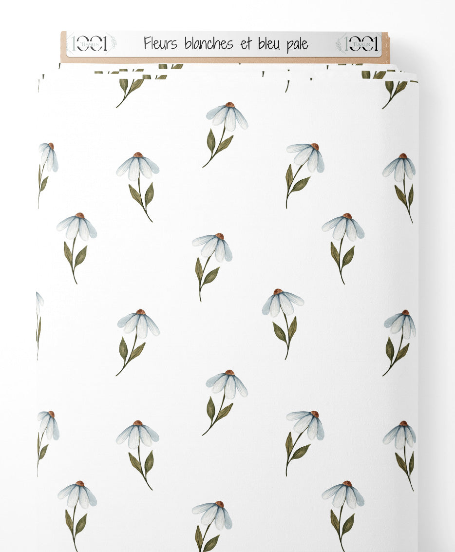 Tissu - Fleurs blanches et bleu pâle