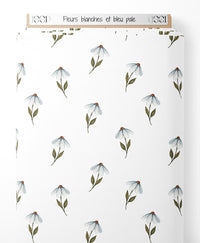 Tissu - Fleurs blanches et bleu pâle